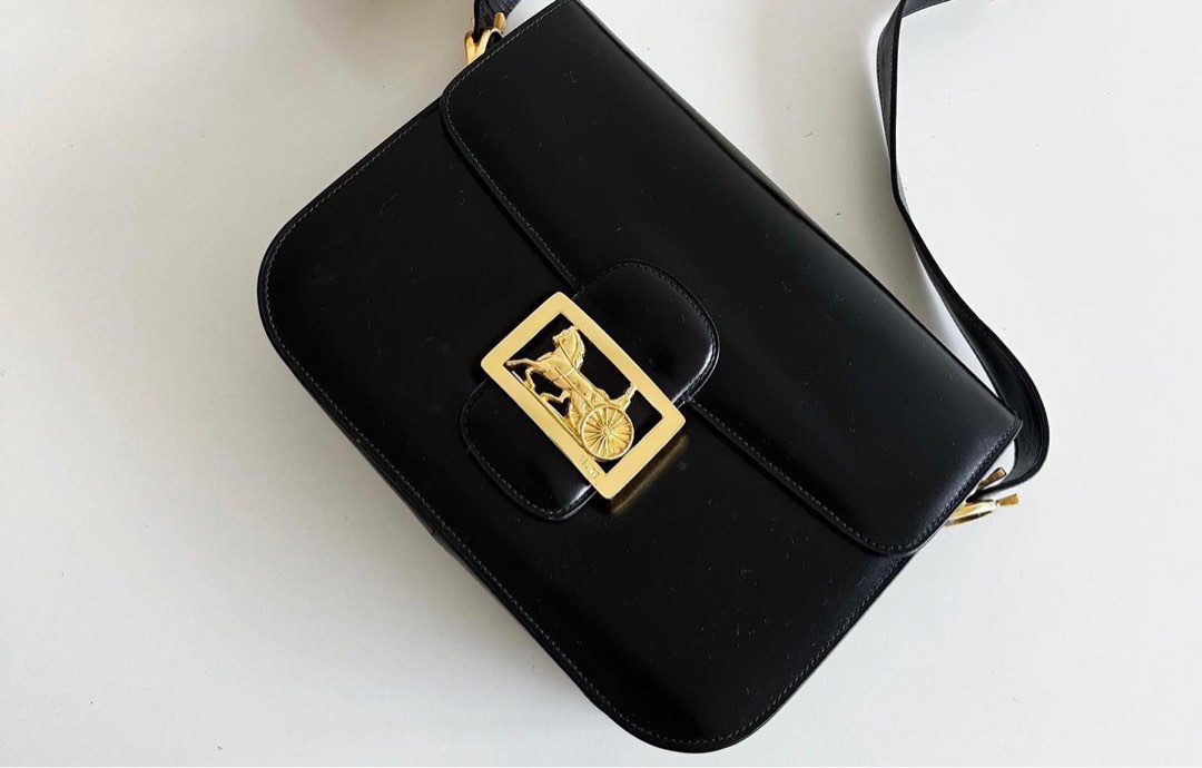 Celine Vintage Black Horse Carriage Bag in Box Leather Luxury
