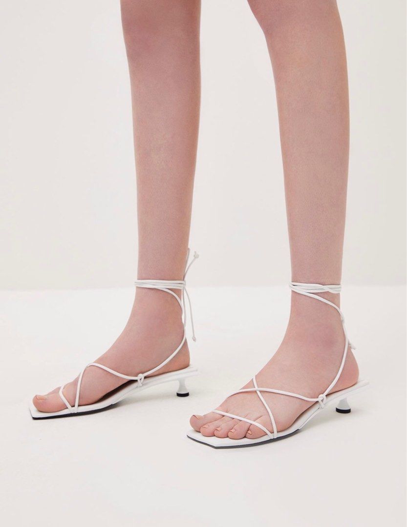 Charles and Keith strappy tie white square toe sandals kitten