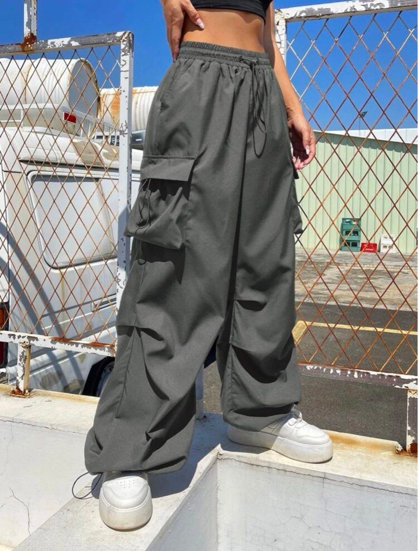 SHEIN EZwear One Shoulder Crop Top & Drawstring Waist Flap Pocket Side  Cargo Pants