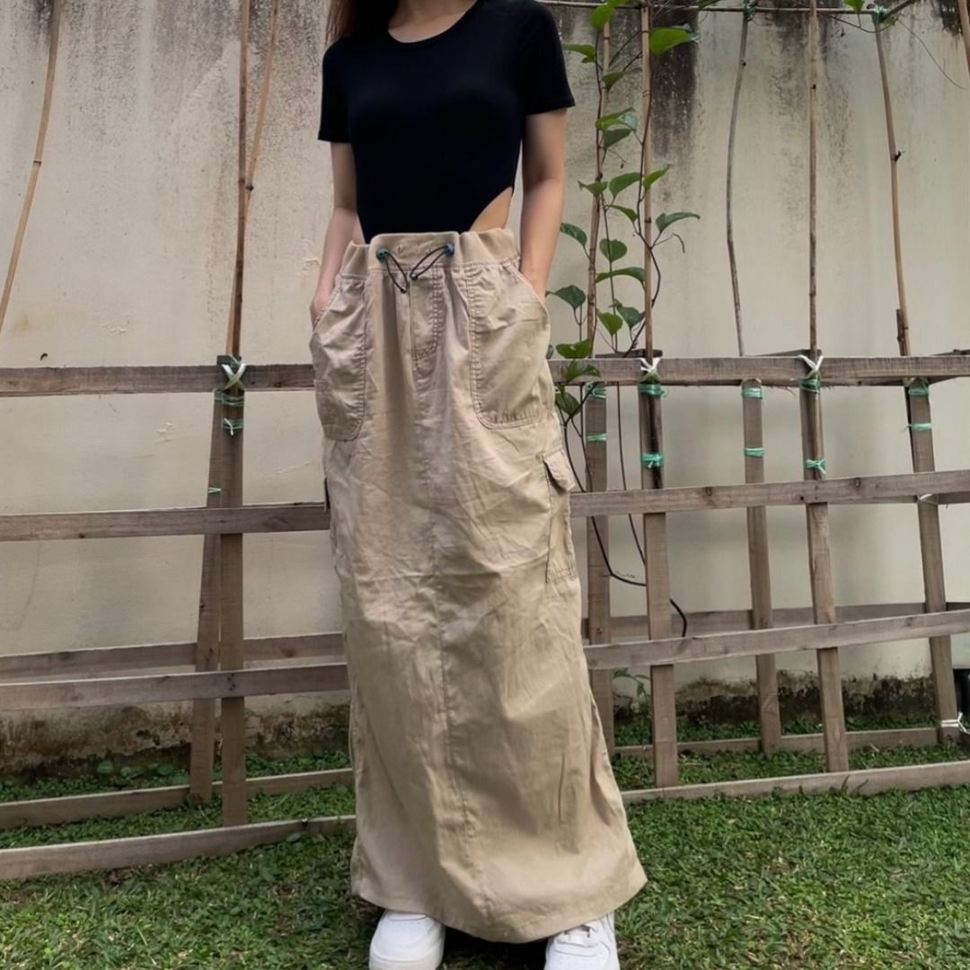 Flax Faded Glory High waist Beige Cargo Maxi Skirt Women s