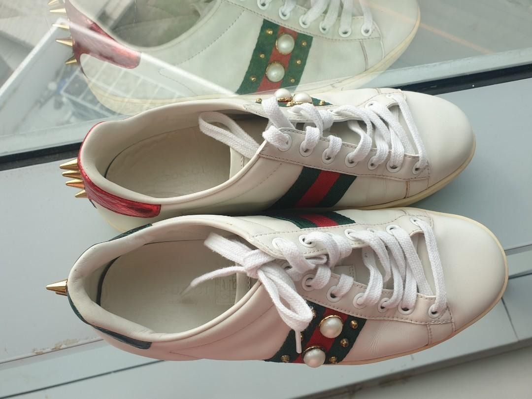 Gucci White Web Ace Pearl Studded Sneakers