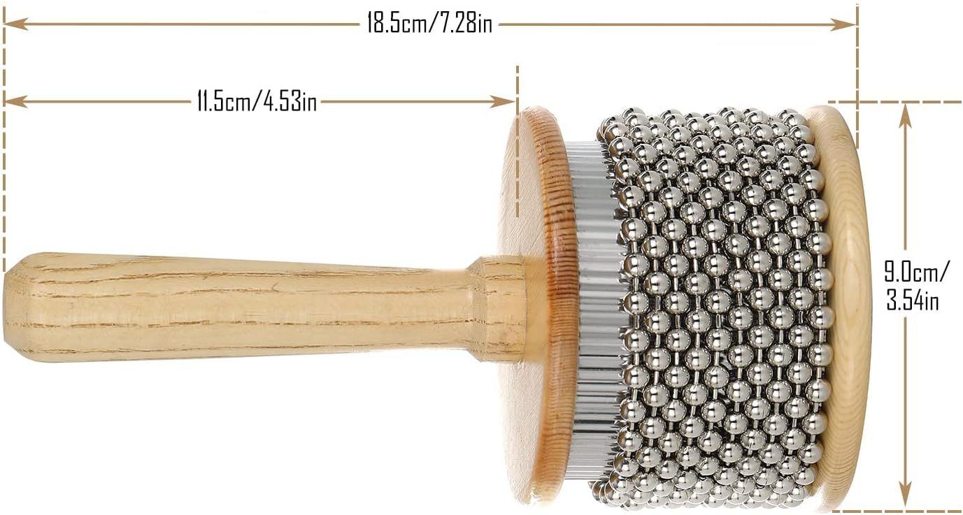 Heysland Wooden Cabasa Percussion Musical Instrument Metal Beaded Chain and Cylinder Pop Hand Shaker for Band Music Education 3.5inch HL01M
