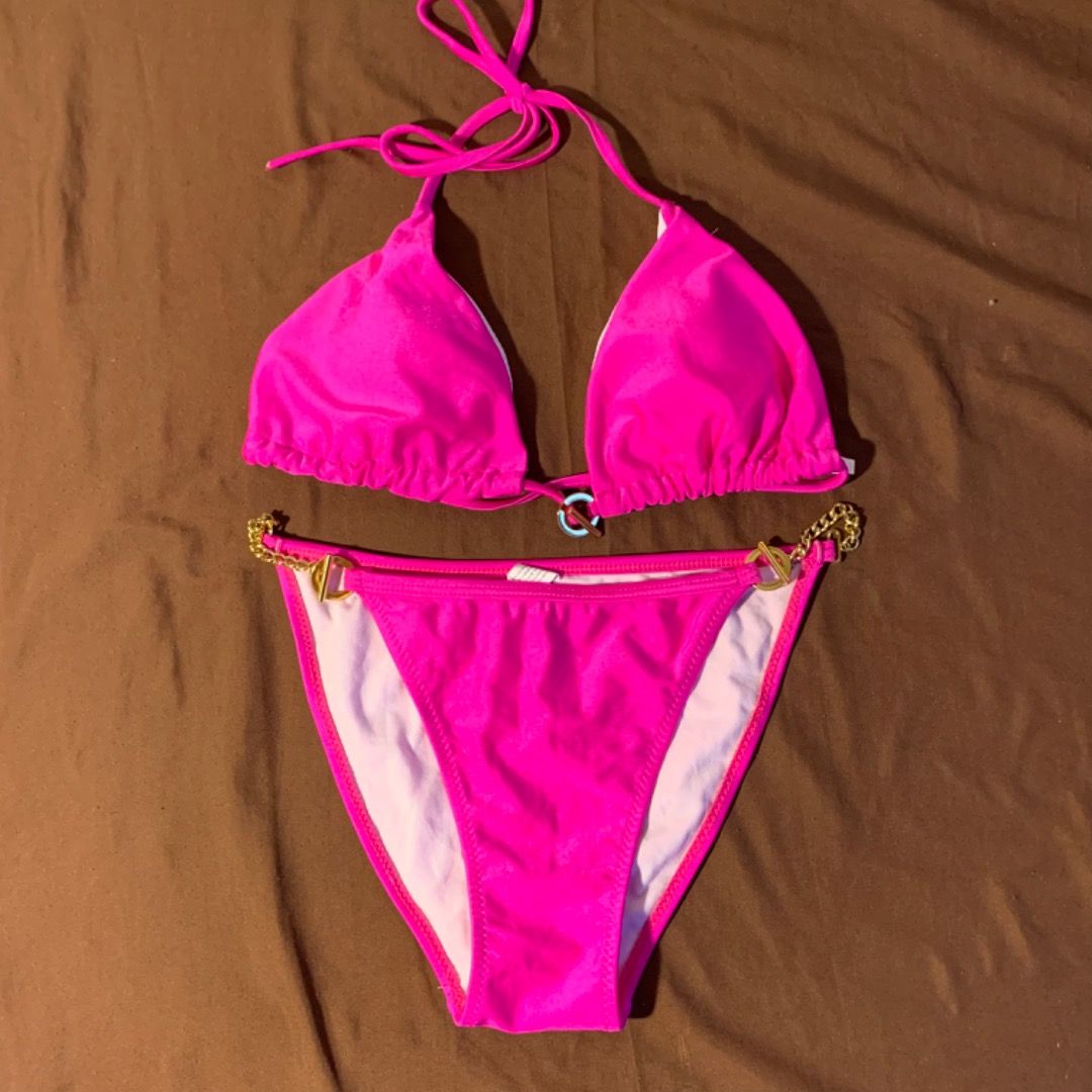 Hot Pink Bikini with Gold chain details, Women's Fashion, Swimwear