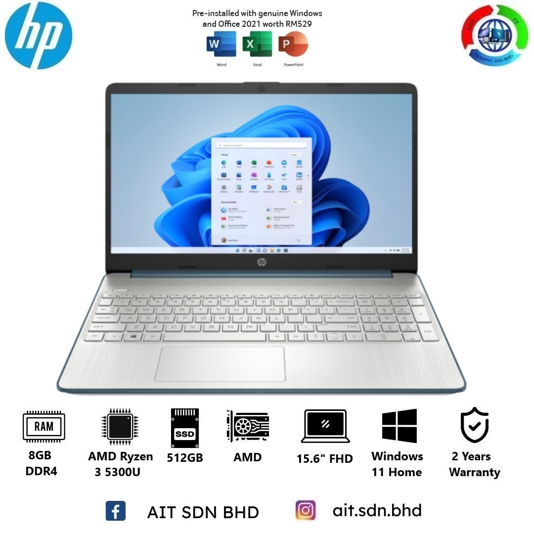 Hp 15s Eq2195au 156 Fhd Laptop Spruce Blue Ryzen 3 5300u 8gb 512gb Ssd Ati W11 Hs 5815