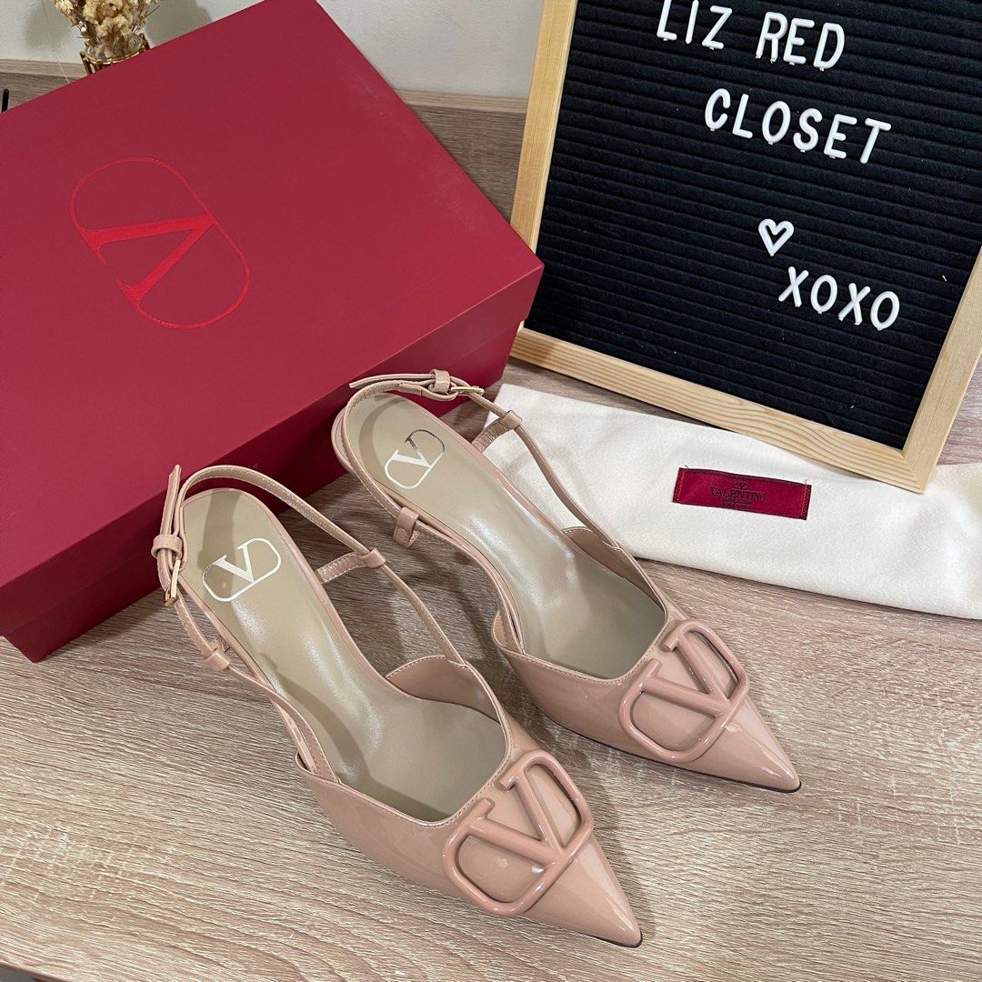 ON HAND Valentino V Logo Patent Nude Heels Slingback Shoes