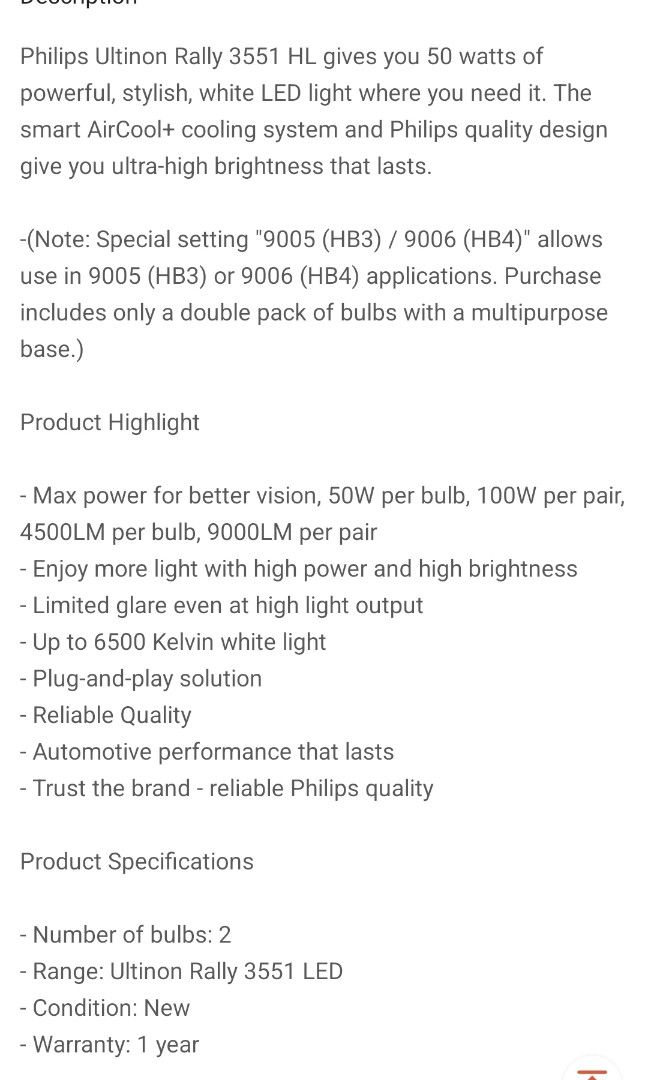 Philips Ultinon Rally 3551 LED H4 Power 50W 4500LM Car Headlight 6500K  White Colour Max Lumen Watt, Car Accessories, Electronics & Lights on  Carousell