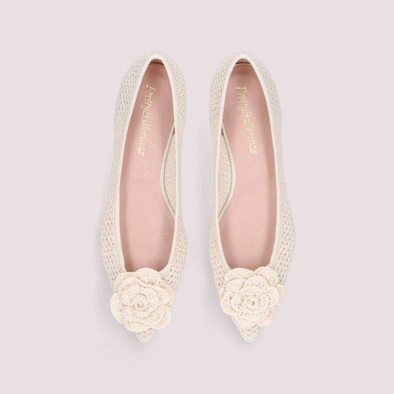 Pretty Ballerinas Ella White Cream Crochet Flats, Women's Fashion