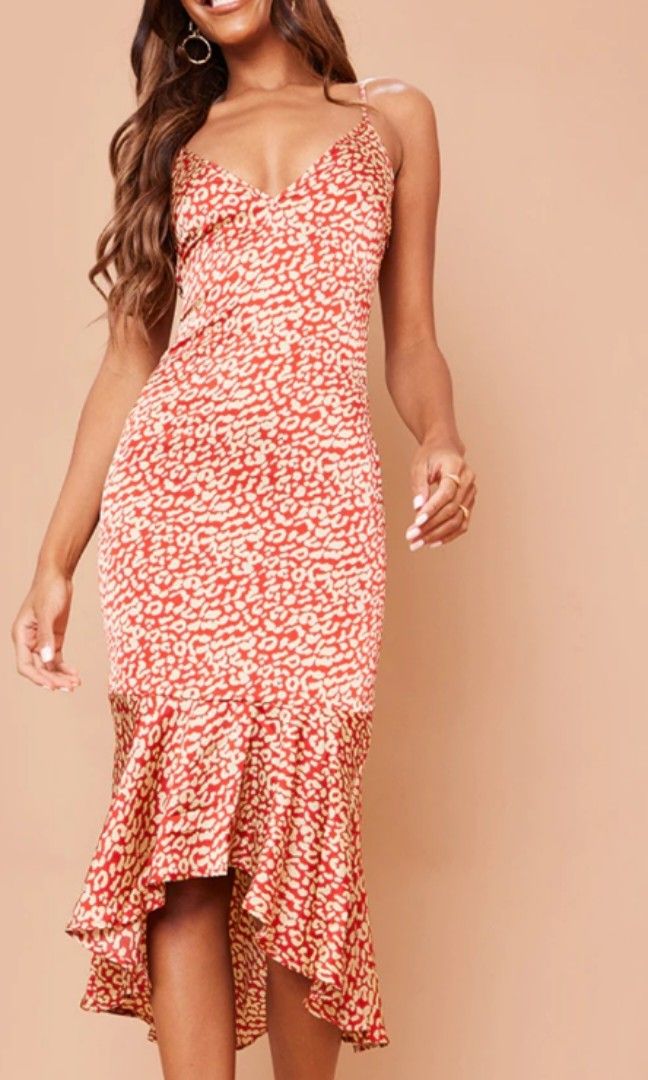 Red Leopard Print Frill Hem Midi Dress Women s Fashion Dresses