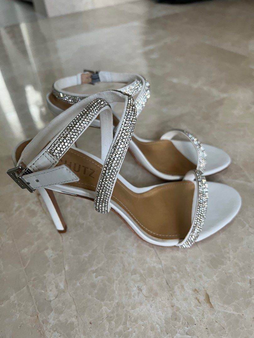 Schutz White Crystal Embellished Bridal Shoes Stiletto High Heel Sandals
