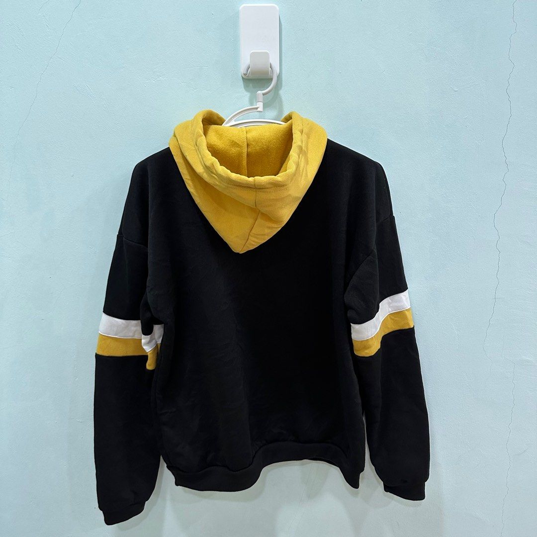 SHEIN Unisex Casual EZwear Letter Embroidered Werewolf Contrast Striped Pocketed Drawstring Hoodie Pullover Size XL Black Yellow White