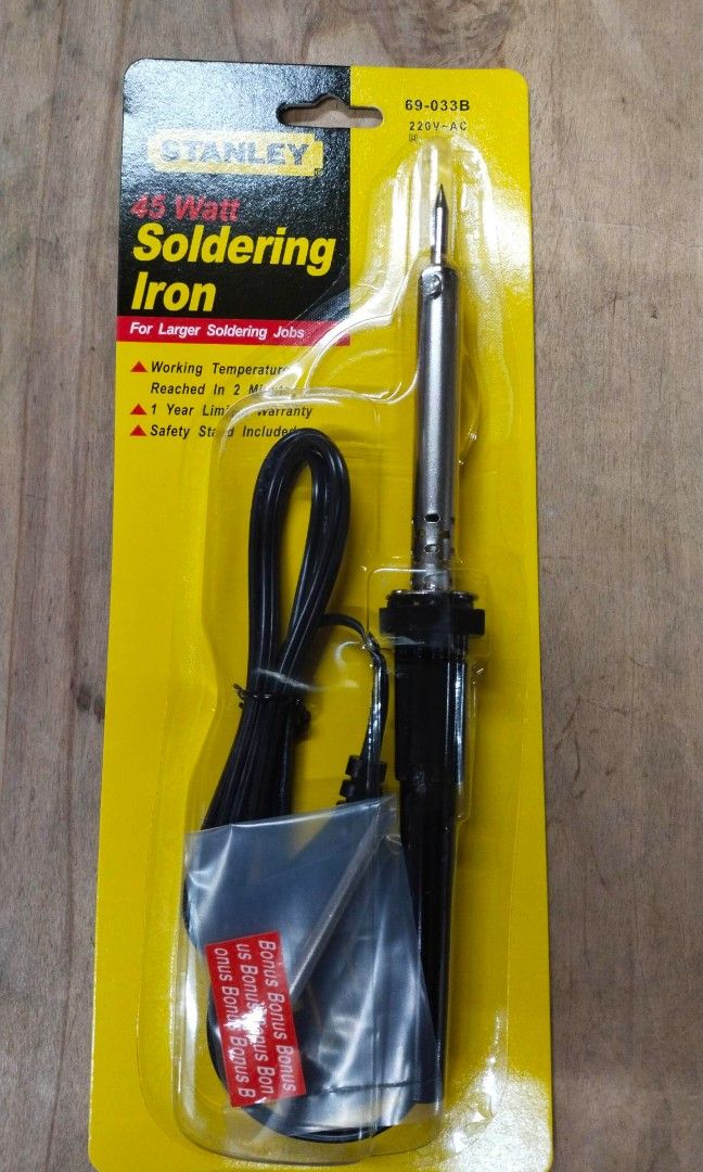 Stanley Soldering Iron #69-033B /45W (Category: Construction Tools & Equipment) located in Manila. Submitted by franzjr19356717 (Listing ID 1237801279, Image 1). Description: -Stanley 100% original / authentic -Soldering iron round key 45watts -Slim pencil like handle for easy use and control -Suitable for soldering metal like copper,tin,brass and stained glass -Working temperature reached in 2 minutes •Discount for bulk order Message me for your