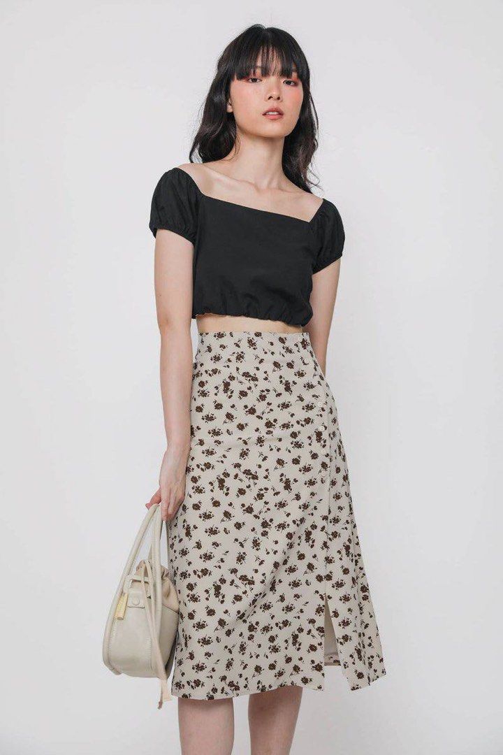 Nyla Front Slit Midi Skirt (Black)