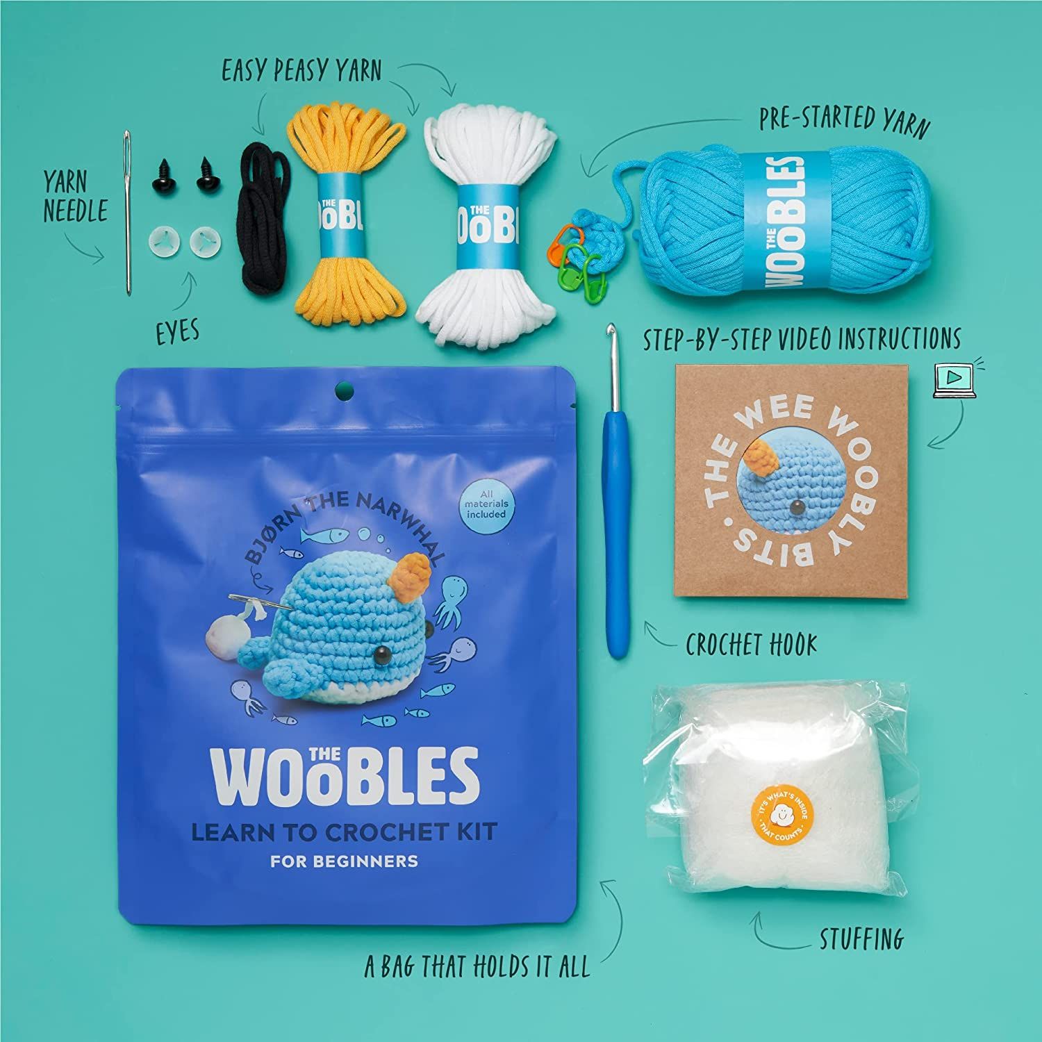 The Woobles Beginners Crochet Kit with Easy Peasy Yarn as seen on Shark  Tank - Crochet Kit for Beginners with Step-by-Step Video Tutorials - Pierre  The Penguin