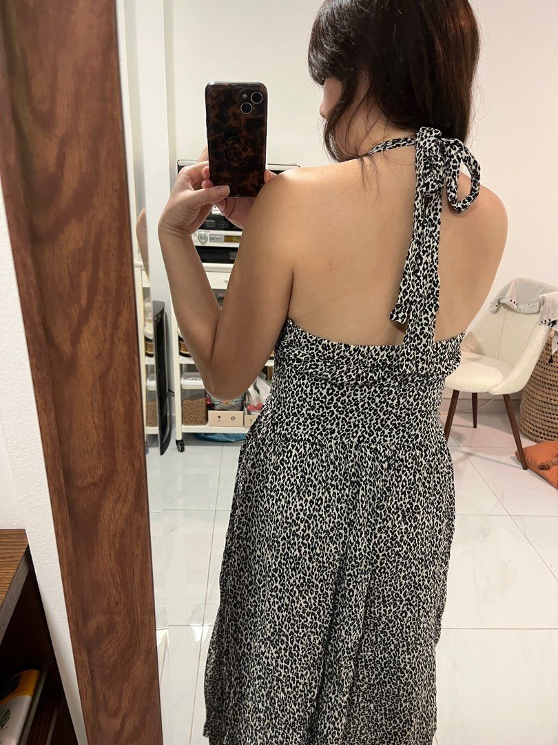 Warehouse Leopard Print Halter Midi Maxi Flowy Dress Women s