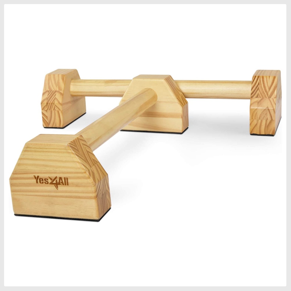 Wooden Parallettes Push Up Bars Bundle With Bag, Gym Chalk , Wristwraps, Paralettes, Strap | Dip Bar Handles 2pcs Paralette Handstand Non-Slip Base