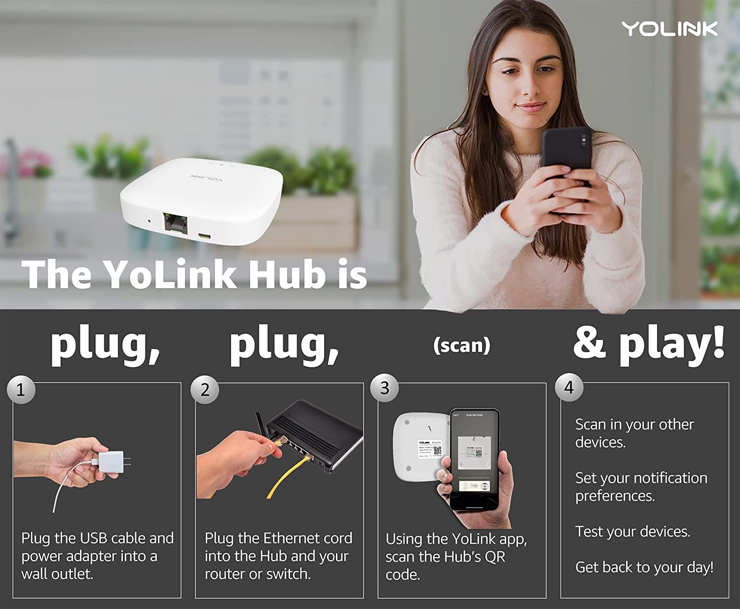 YOLINK LoRa Smart Door Sensor Starter Kit Hub & (4) Door Sensors Up