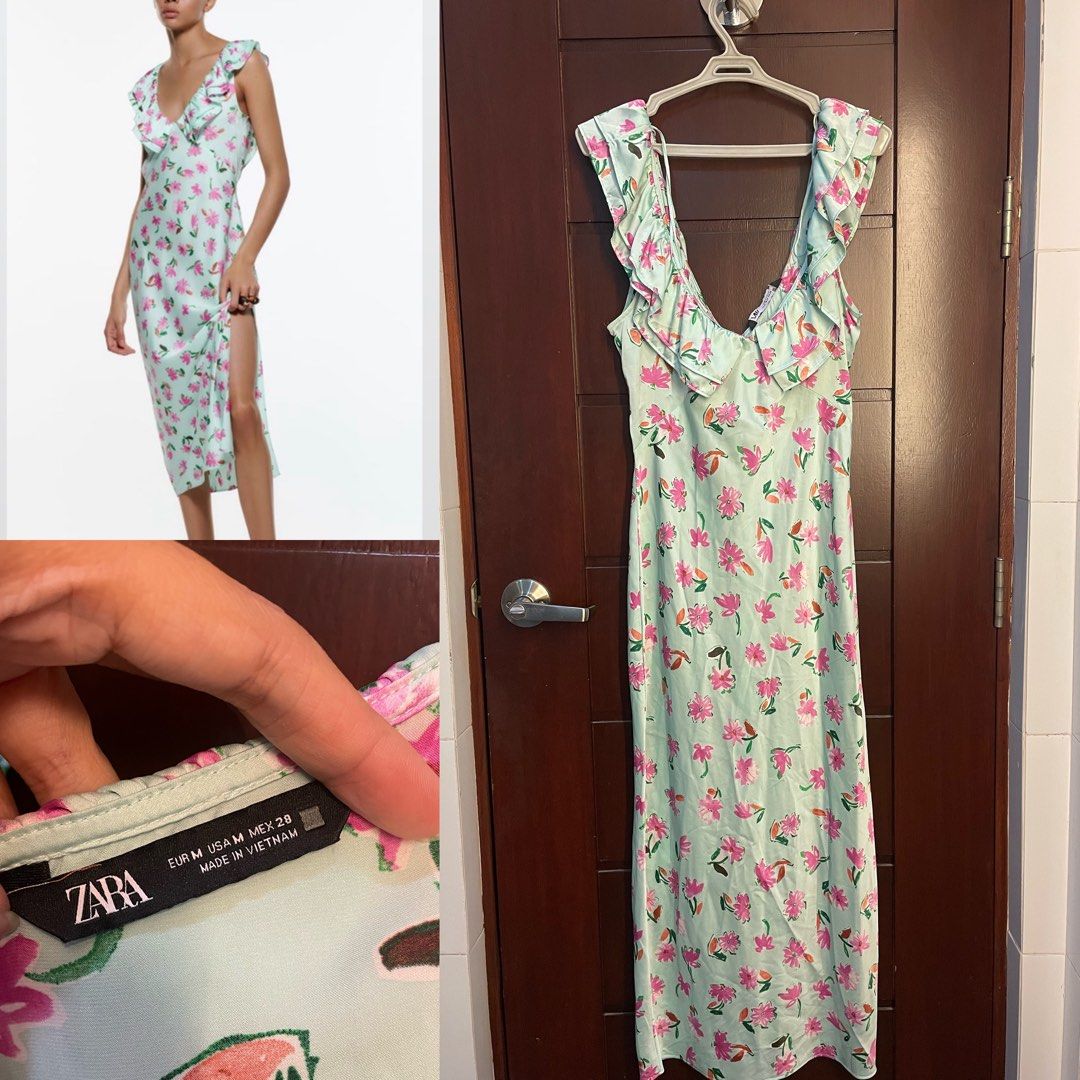 Zara - Floral Satin Dress (Category: Dresses) located in Quezon City. Submitted by ecopalette (Listing ID 1237705409, Image 1). Description: Used once for an event. Super comfortable and flattering. Can fit Medium to semi large. .