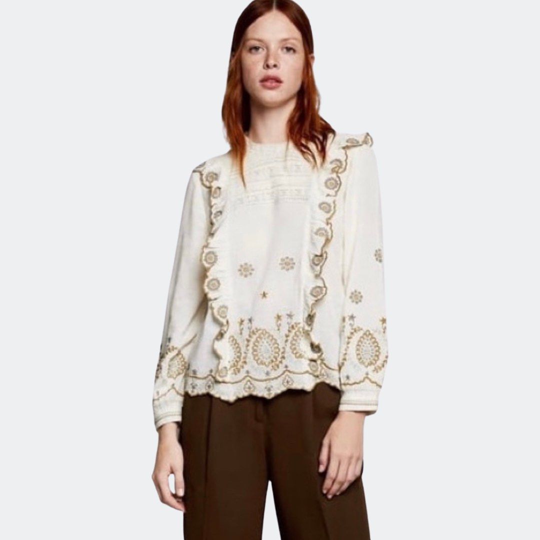 Zara embroidered blouse with sales ruffles