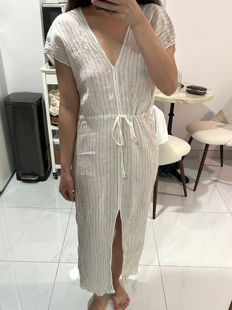 Zara Striped V-Neck Midi Maxi Coverup Beach Dress, Women's Fashion