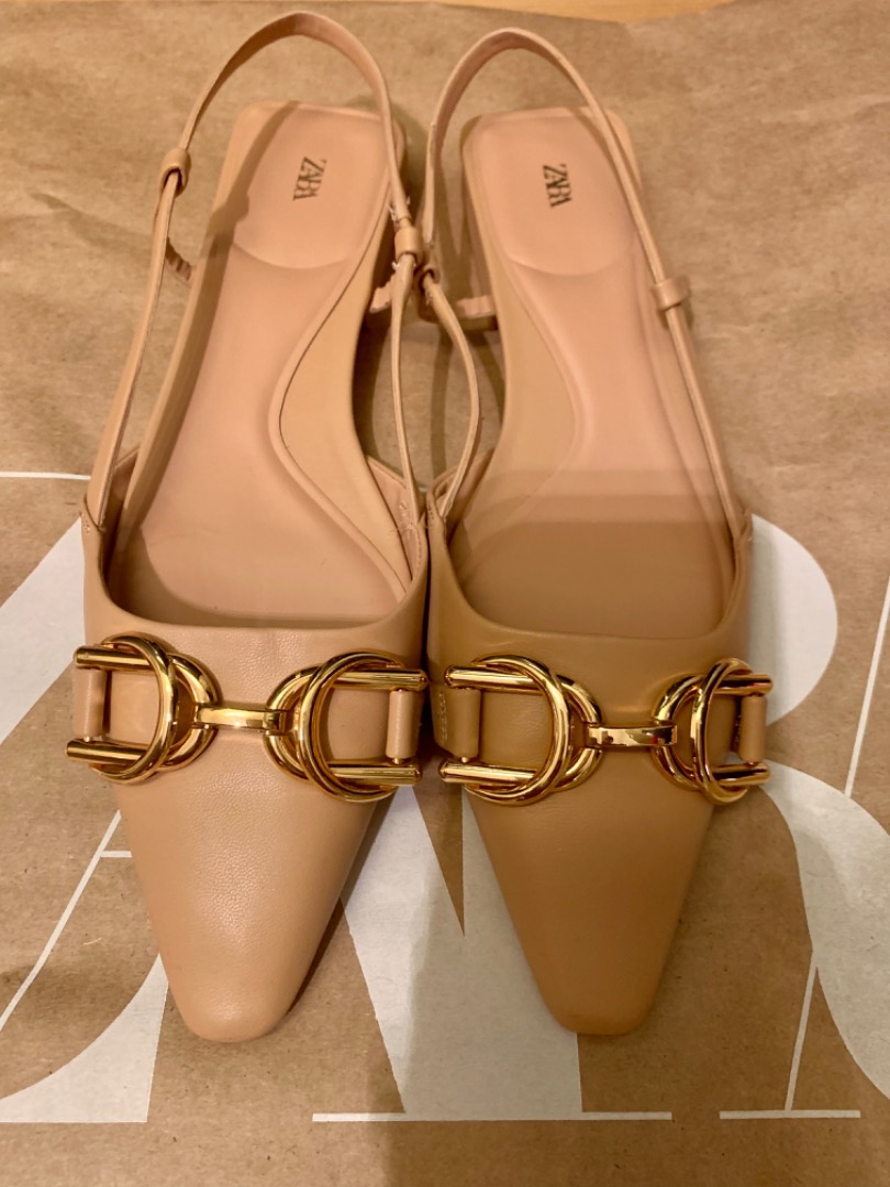 55 ZARA Flat Slingback Shoes with Gold Buckle RP 89.90