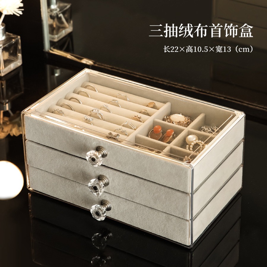 Acrylic Desktop Jewelry Box with Gray Display Racks 3 Drawers [Stock