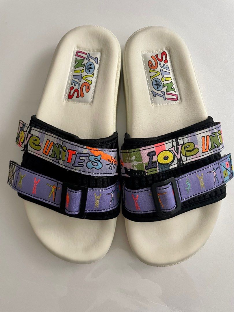Adidas Adilette 2.0 Slide Love Unites Off White Black Purple GW2411, 女裝, 鞋,  拖鞋- Carousell