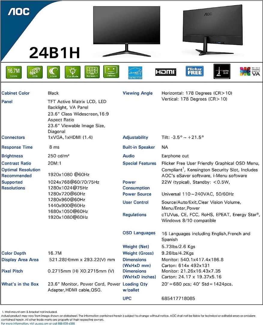 AOC 24B1 24 inch HD 1080p monitor, Computers & Tech, Parts ...