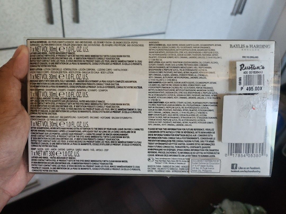 Baylis & Harding 5pc set Soap Shower Gel Lotion Shampoo Conditioner (Category: Bath) located in Taguig. Submitted by shoptiludrop888 (Listing ID 1237902911, Image 2). Description: Original Baylis & Hardimg Personal Care Travel Set - new never used. - note that this was kept in the closet kaya mej maalikabok. - rfs: extras - note that the items are not puno pero they're all sealed as per photo. - retail at P495 in Rustans. selling way below the pr