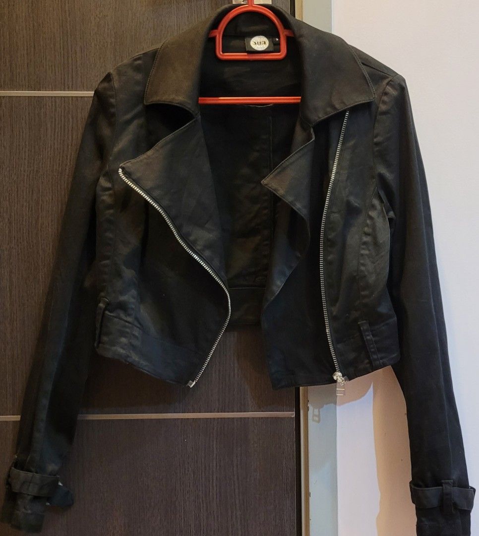 Black cropped cotton biker jacket Women s Fashion Coats Jackets