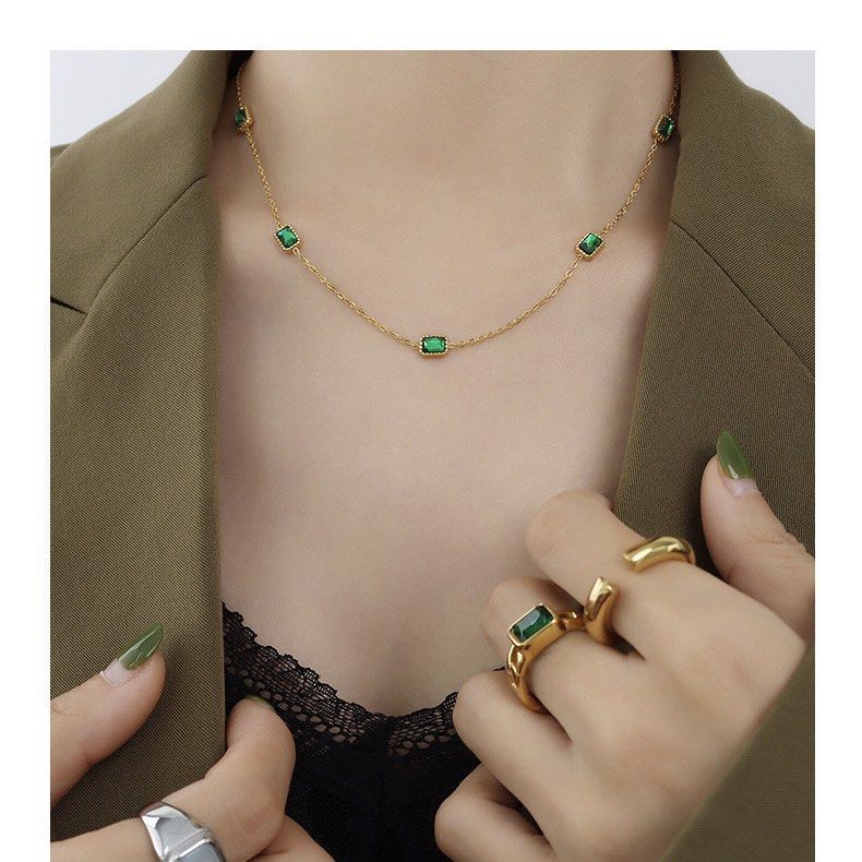 Brand New 45cm Green Zirconia Necklace 18K Gold Plated Titanium