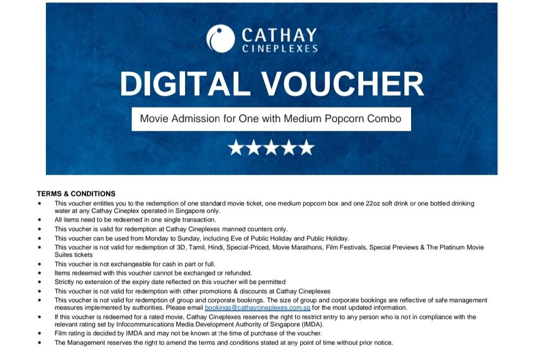 Cathay Cineplex Movie Ticket Voucher + Medium Popcorn Combo (Includes