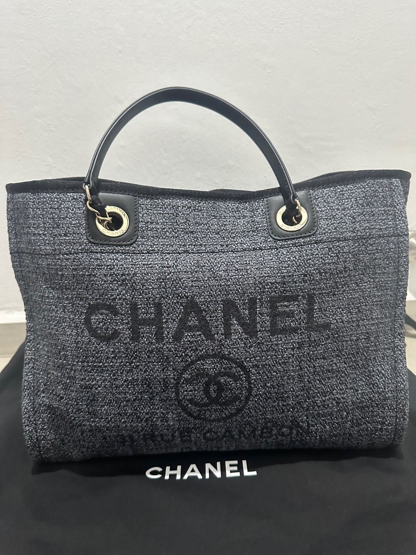 Chanel New Medium Deauville Shopping Tote in 22B Dark Beige Fabric LGHW