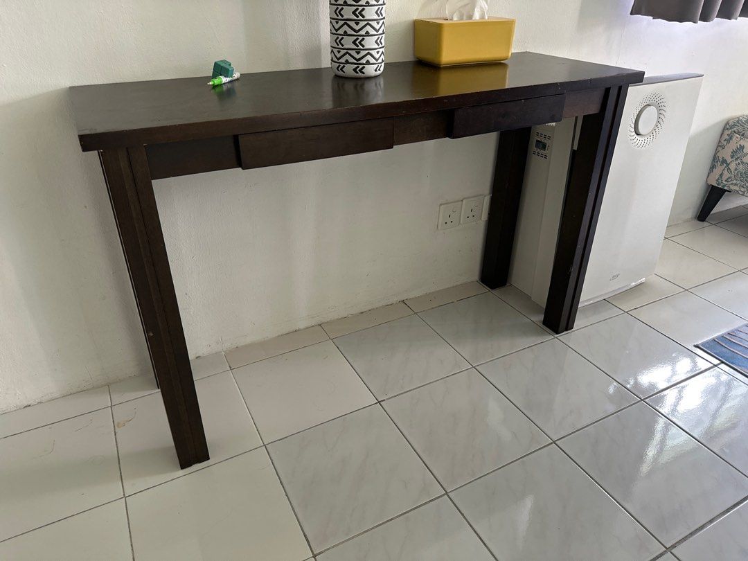 CONSOLE TABLE (Category: Shelves, Cabinets & Racks) located in Kuala Lumpur. Submitted by MH_Pre_Loved_Store (Listing ID 1009415336, Image 1). Description: CONSOLE TABLE CONDITION TIP TOP BELI DI VALENCIA FURNITURE DARK BROWN SOLID WOOD L - 4ft W - 1ft H - 3ft Nak clear rumah Selamat Membeli Harga Murah sangat Mari mari…. Terima Kasih.