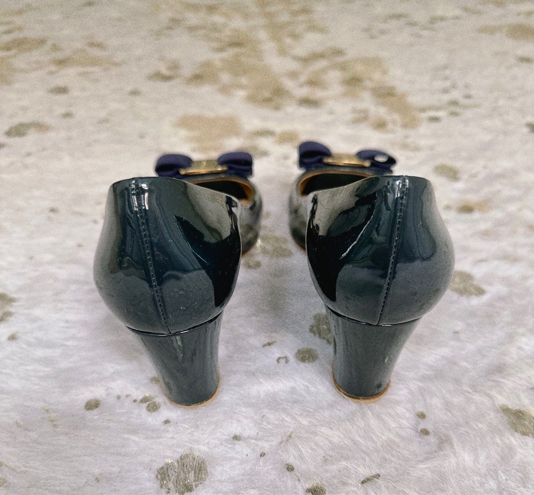 Ferragamo navy blue patent leather peep toe wedges with gold logo