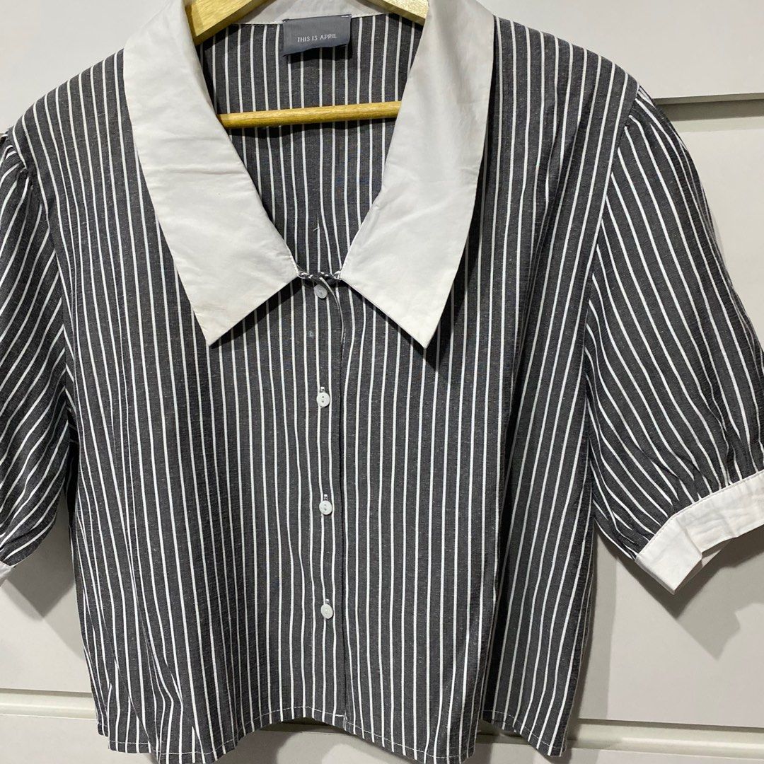 FREEONG - This is April TIA Blouse Crop Puff Stripe Stripes Stripped ...
