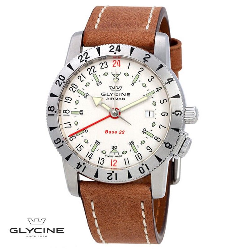 Glycine Airman Base 22 Beige GMT Swiss Automatic Triple Time Zone Watch