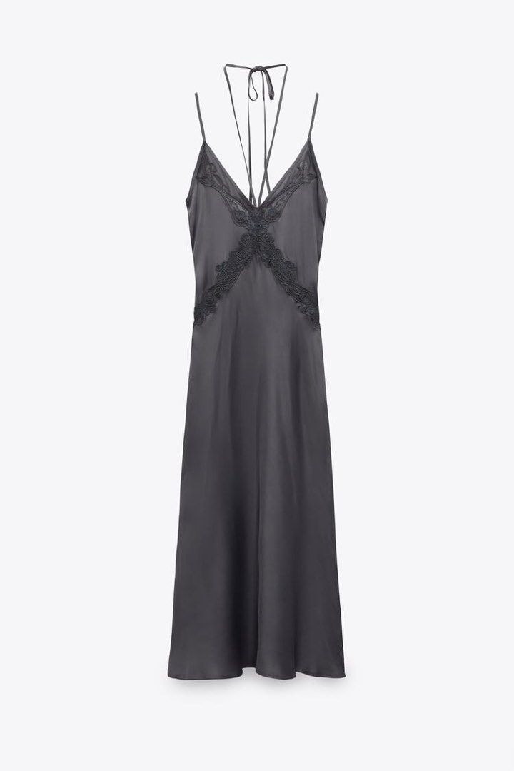 ZARA Grey Embroidered Midi Slip Dress, Women's Fashion, Dresses & Sets,  Dresses on Carousell