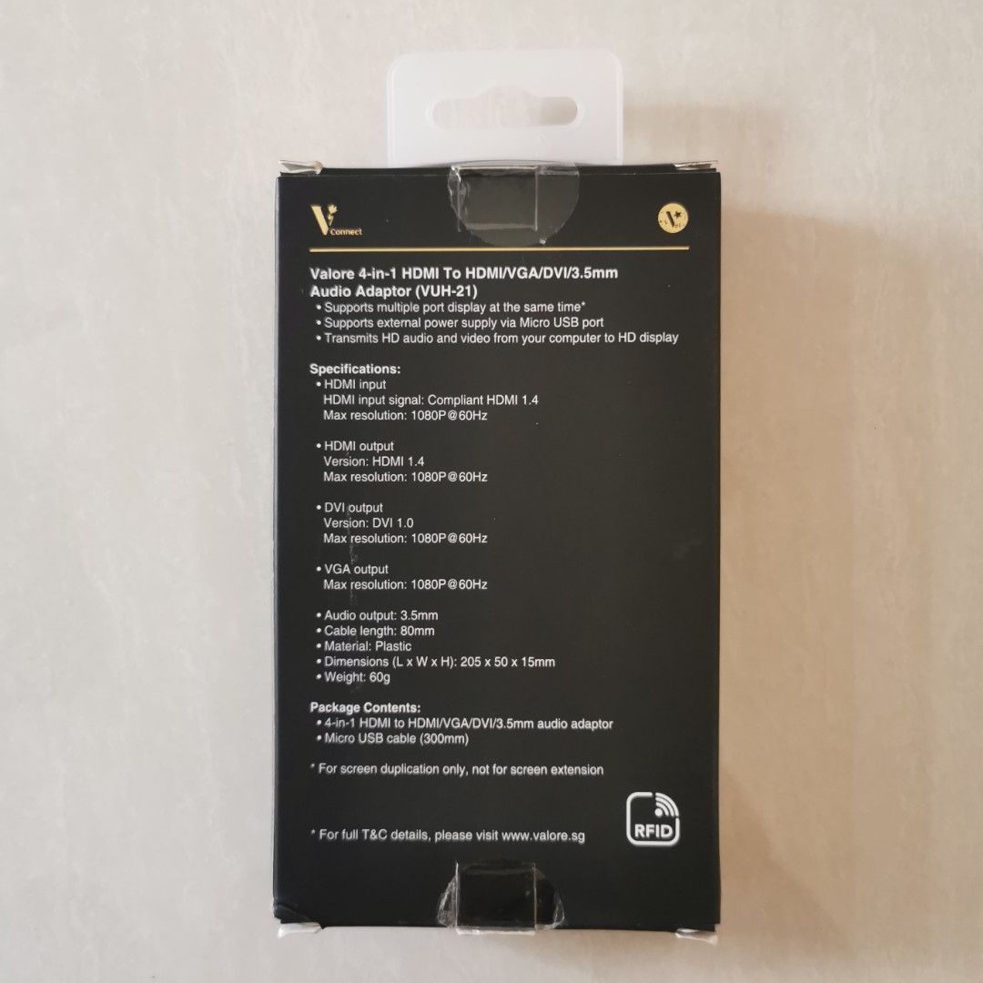 HDMI Adaptor (Category: Cables & Adaptors) located in Singapore. Submitted by eys0000 (Listing ID 1237897567, Image 2). Description: Brand new VALORE 4IN1 HDMI to HDMI/VGA/DVI/3.5MM Audio Adaptor.