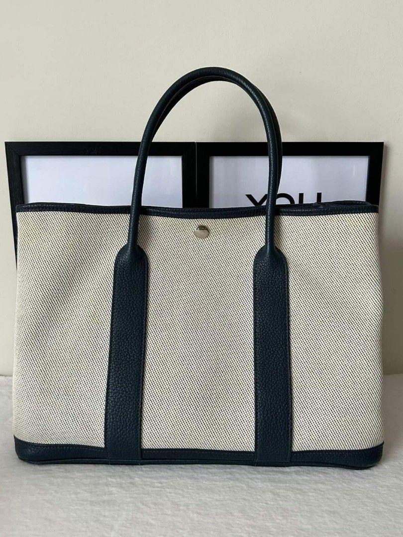 Hermes Garden Party Toile Leather Tote Bag Black/Beige
