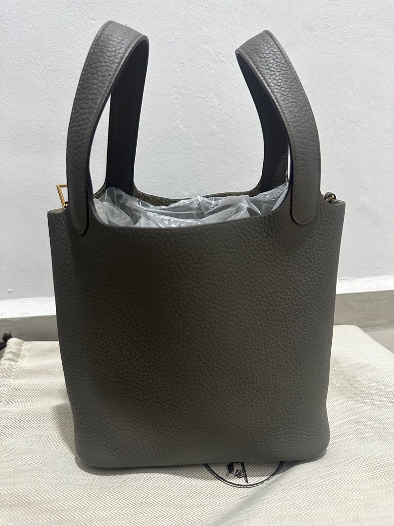 HERMES PHW Picotin 26 Tote Bag Handbag Clemence Leather Etain Grey