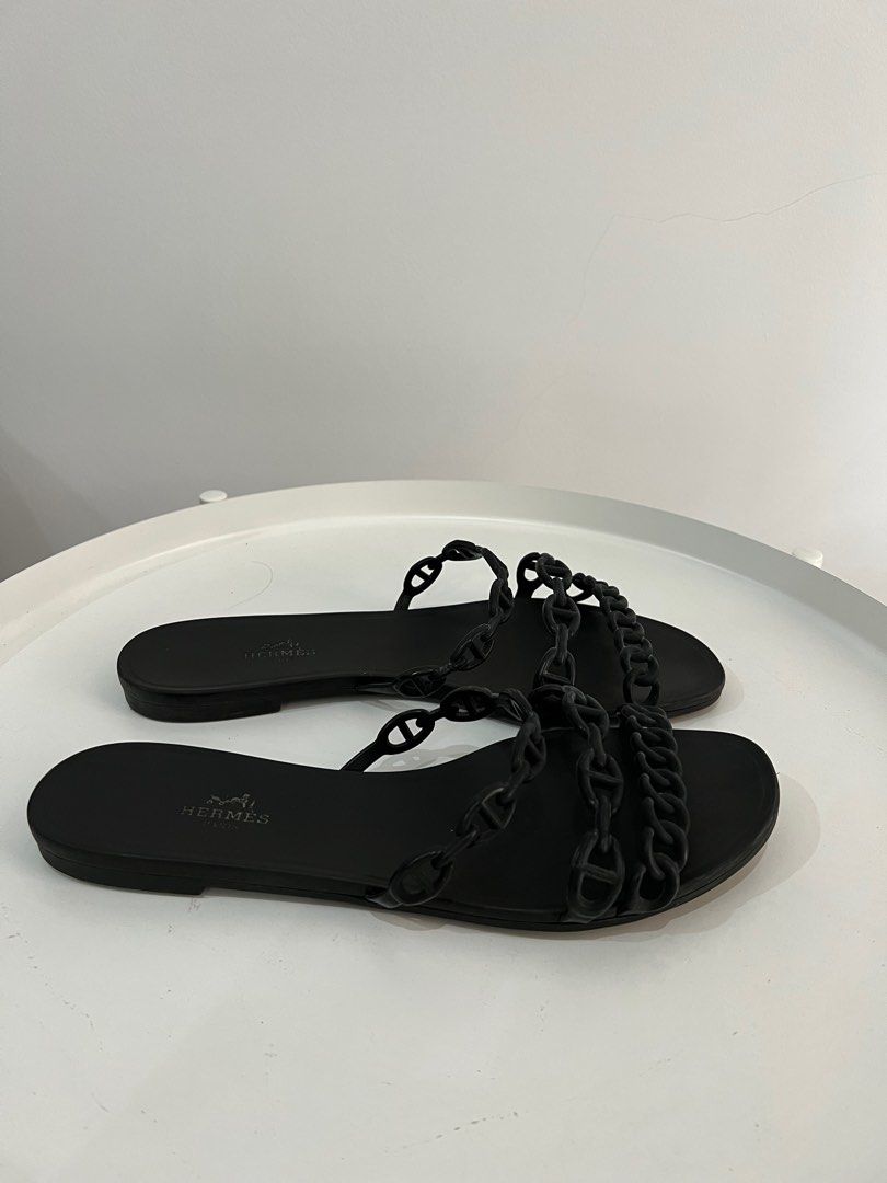 Hermes Rubber Sandal in Black insole 24 cm, Barang Mewah, Pakaian di