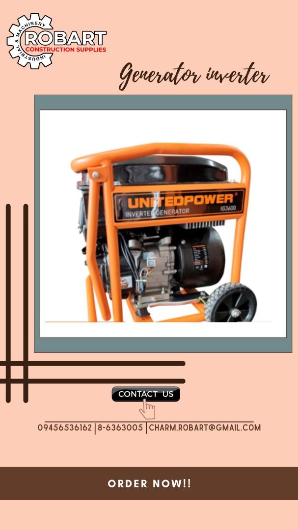 INVERTER GENERATOR (Category: Construction Tools & Equipment) located in Manila. Submitted by tina.sales (Listing ID 1237893834, Image 1). Description: INVERTER GENERATOR BRAND: UNITED POWER MODEL: IG3600 FREQUENCY: 60Hz RATED AC OUTPUT: 3.2kw MAX AC OUTPUT: 3.5KW FUEL TANK CAPACITY: 12L DIMENSION(LxWxH)mm: 445*445*490 DISPLACEMENT: 212CC ENGINE: 4 STROKE, GASOLINE ENGINE UP170B STARTING SYSTEM: RECOIL/ELECTRIC NET/GROSS WEIGHT: 31.5/33.5 KGS ₱36