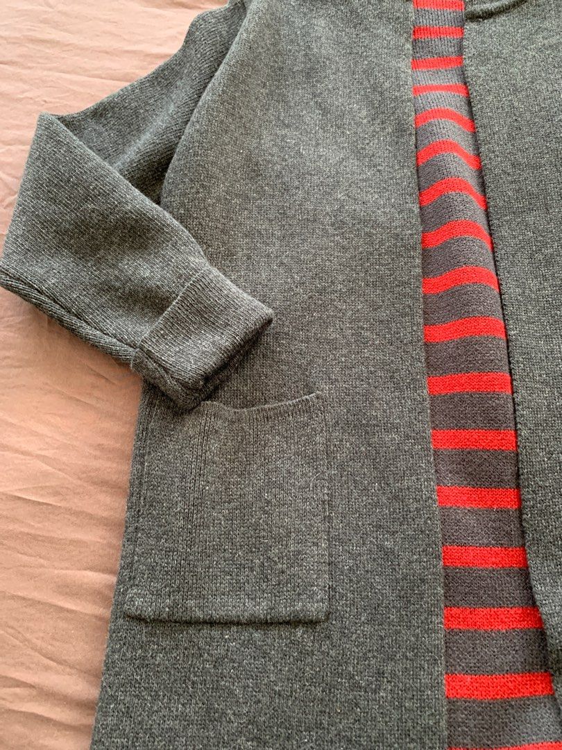 Knitted basic over coat (Category: Coats, Jackets and Outerwear) located in Singapore. Submitted by sueliango (Listing ID 1237913073, Image 5). Description: Knitted overcoat with long sleeve, 2 front pockets, dark grey outside with red stripes inside, good for spring & autumn wear. Made in Korea .