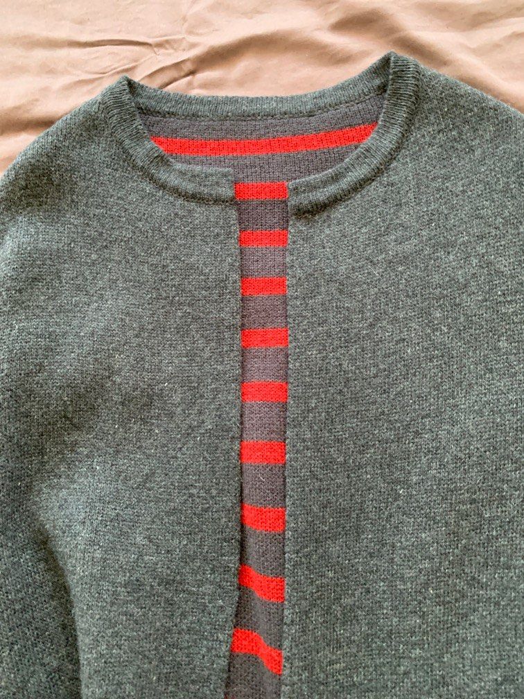 Knitted basic over coat (Category: Coats, Jackets and Outerwear) located in Singapore. Submitted by sueliango (Listing ID 1237913073, Image 3). Description: Knitted overcoat with long sleeve, 2 front pockets, dark grey outside with red stripes inside, good for spring & autumn wear. Made in Korea .