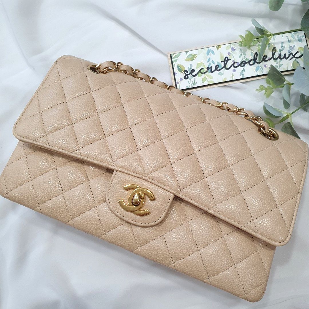LIKE NEW Chanel Medium Beige Claire Classic Flap, Luxury, Bags & Wallets on  Carousell
