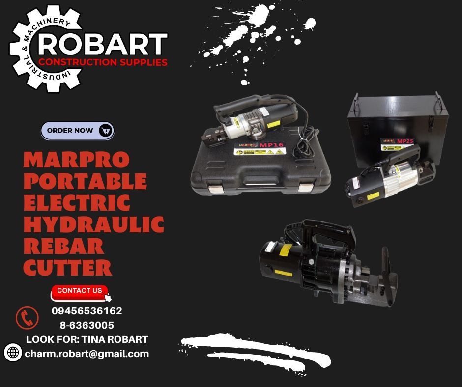 MARPRO PORTABLE ELECTRIC HYDRAULIC REBAR CUTTER (Category: Construction Tools & Equipment) located in Manila. Submitted by tina.sales (Listing ID 1237887142, Image 1). Description: MARPRO PORTABLE ELECTRIC HYDRAULIC REBAR CUTTER BRAND: MARPRO MODEL: MP16 (Voltage) 220V / 60Hz (Wattage) 900W 1700W 3000W (Cutting Speed) 2.5-3.0s 5.0s 6-7s (Max Rebar) 16MM 25MM 32MM (Min Rebar) 4MM 4MM 6MM ₱14625 MODEL: MP25 (Voltage) ;220V / 60Hz (Wattage) ;1700W (
