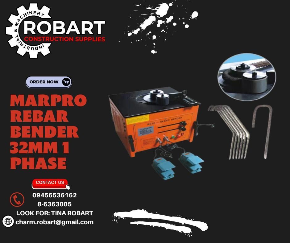 MARPRO REBAR BENDER 32MM 1 PHASE (Category: Construction Tools & Equipment) located in Manila. Submitted by tina.sales (Listing ID 1237889192, Image 1). Description: MARPRO REBAR BENDER 32MM 1 PHASE BRAND: MARPRO MODEL: MPRB-32 VOLTAGE: 220V 60HZ WATTAGE: 3000W BEND ANGLE: 0-180 BEND DIAM: 6-32MM WEIGHT: 175KG ₱137500 𝒩𝑜𝓉𝑒: 𝒫𝓇𝒾𝒸𝑒𝓈 𝒶𝓇𝑒 𝓈𝓊𝒷𝒿𝑒𝒸𝓉 𝓉𝑜 𝒸𝒽𝒶𝓃𝑔𝑒 𝓌𝒾𝓉𝒽𝑜𝓊𝓉 𝓅𝓇𝒾𝑜𝓇 𝓃𝑜𝓉𝒾𝒸𝑒 𝓟𝓵𝓮𝓪𝓼𝓮 𝓬𝓪𝓵𝓵 : 𝓣𝓲