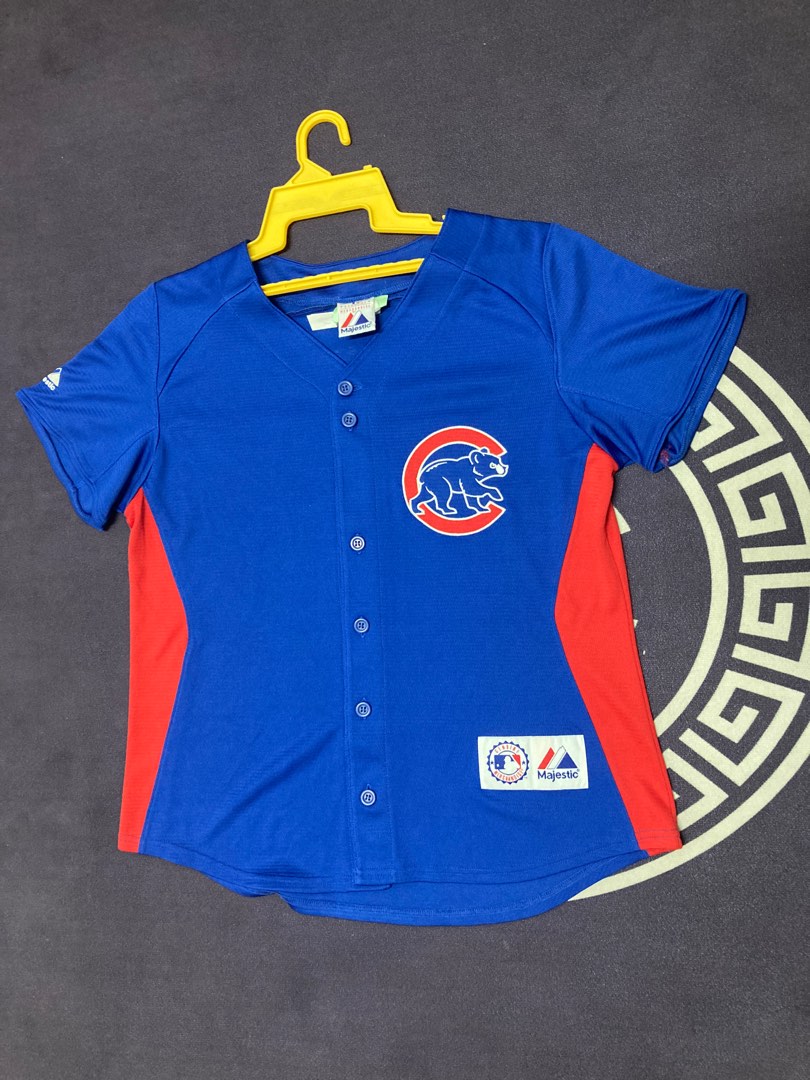 Vintage Majestic Chicago Cubs Jersey Blue Made USA Button Print