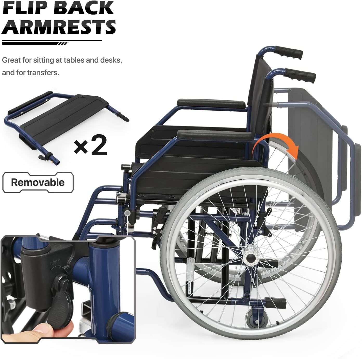MoNiBloom Lightweight Folding Wheelchair with Removable or Flip Back