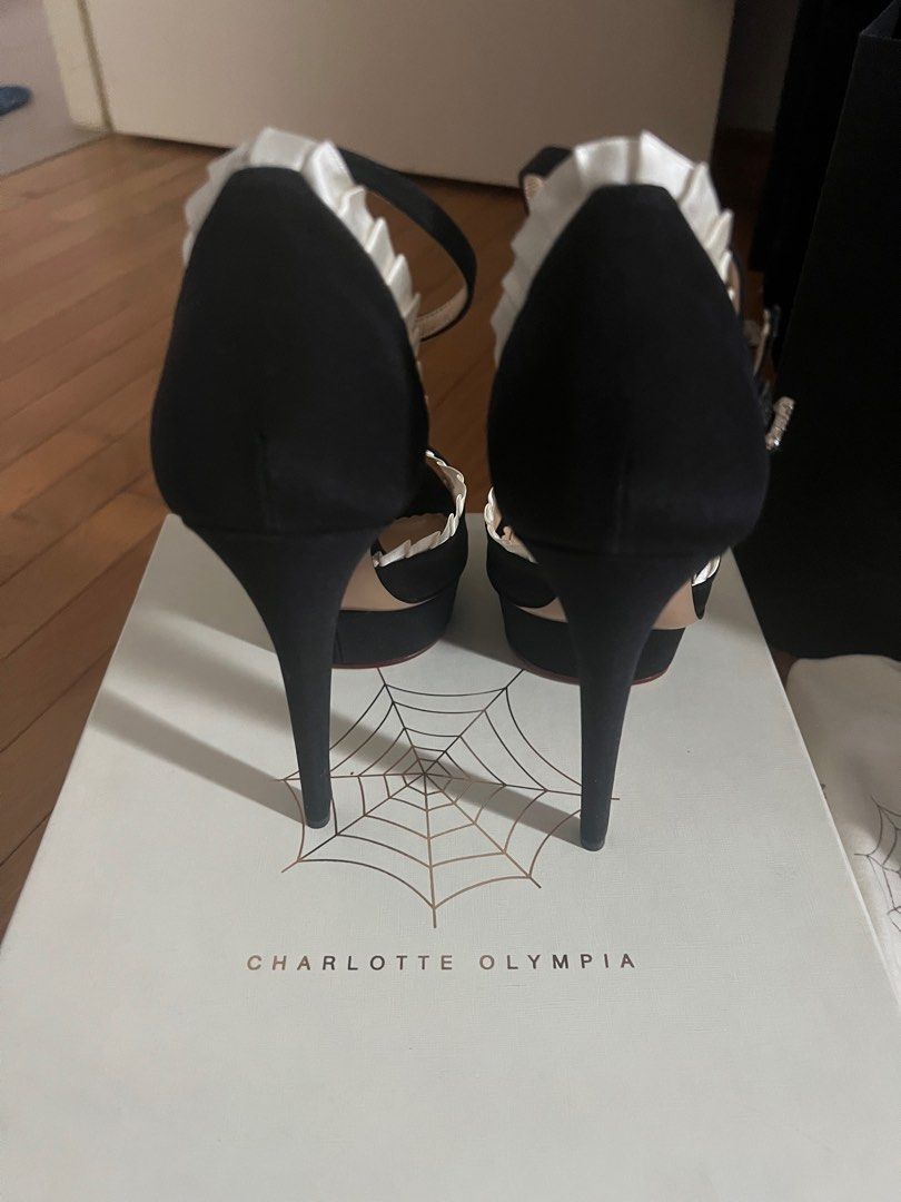 NEW CHARLOTTE OLYMPIA MASQUERADE HEELS BLACK WHITE SILK